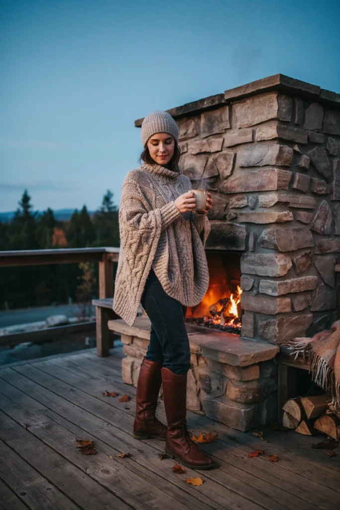 Jeans with Cozy Knit Poncho