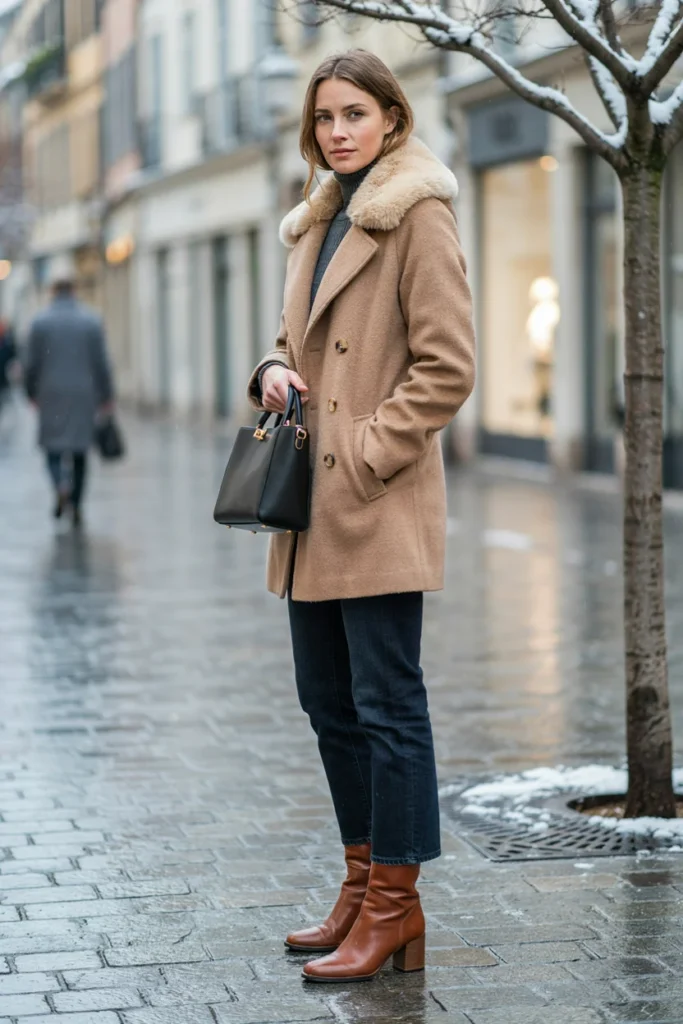 Jeans with Fur-Trimmed Coat
