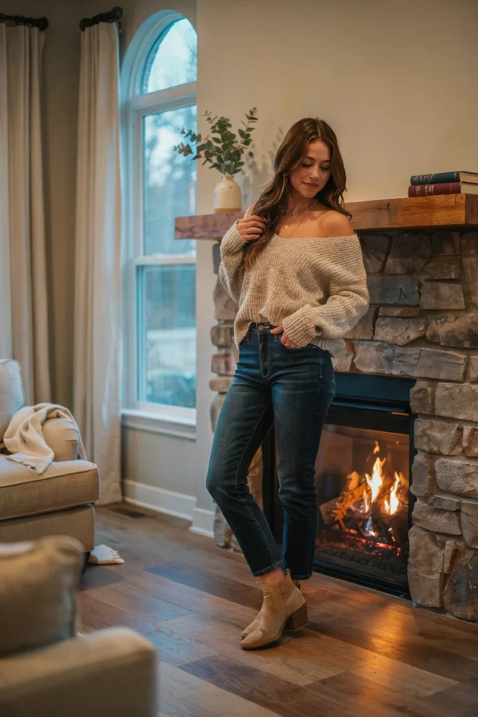 Jeans with Off-the-Shoulder Sweater