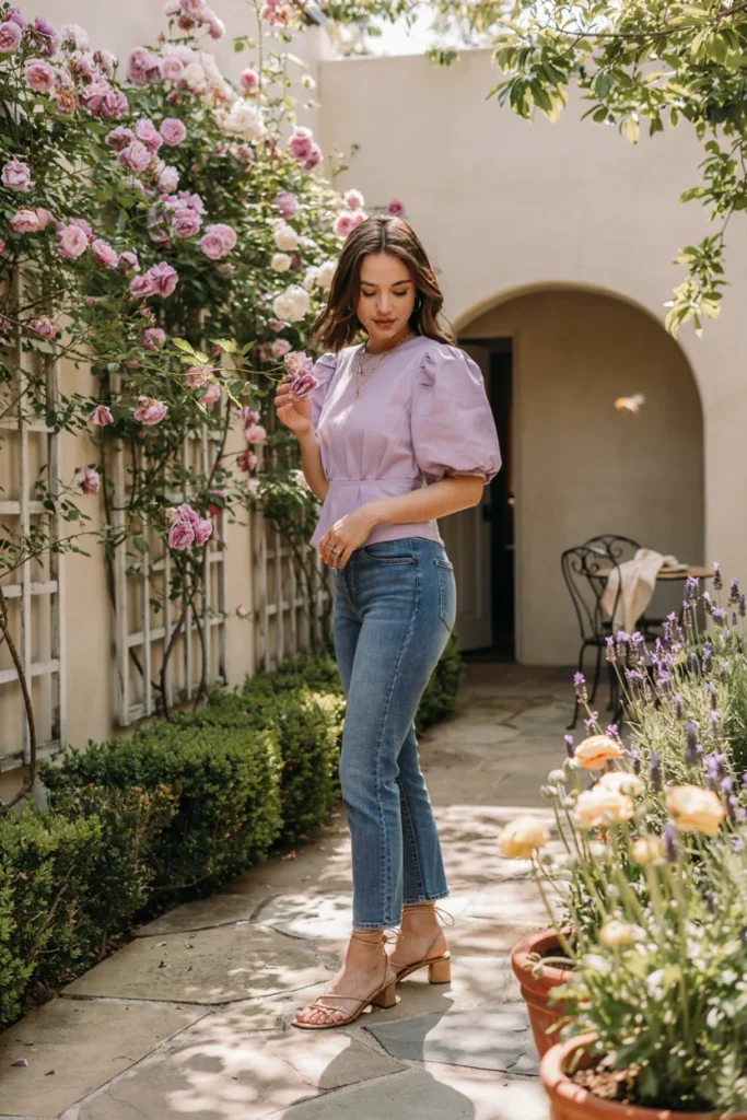 Jeans with Puff-Sleeve Top