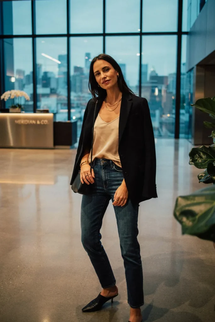  Jeans with Silk Cami and Blazer