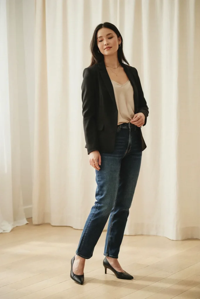 Jeans with Silk Camisole and Blazer