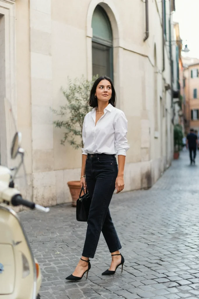 Jeans with Structured Handbag and Heels