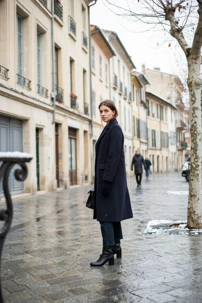 Jeans with Tailored Coat and Gloves