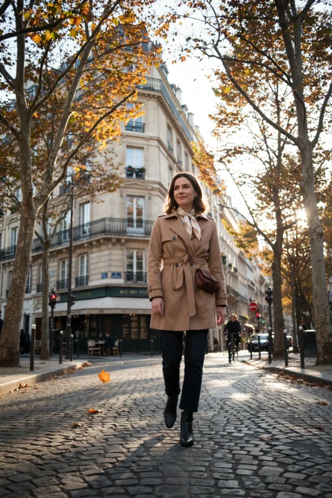 Jeans with Tailored Trench and Scarf