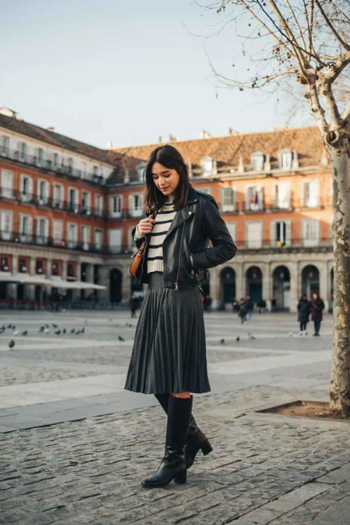 Leather Jacket and Midi Skirt Combo for Day Trips