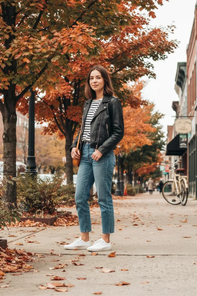 Leather Jacket with Straight-Leg Jeans