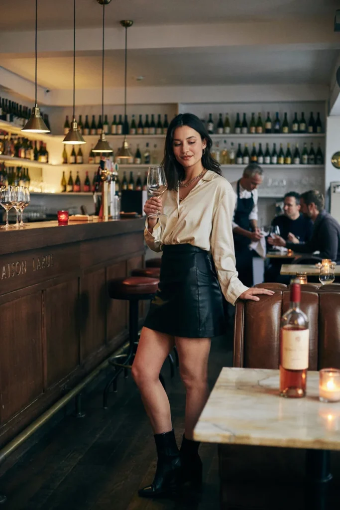 Leather Skirt and Silk Blouse for Bold Textural Contrast