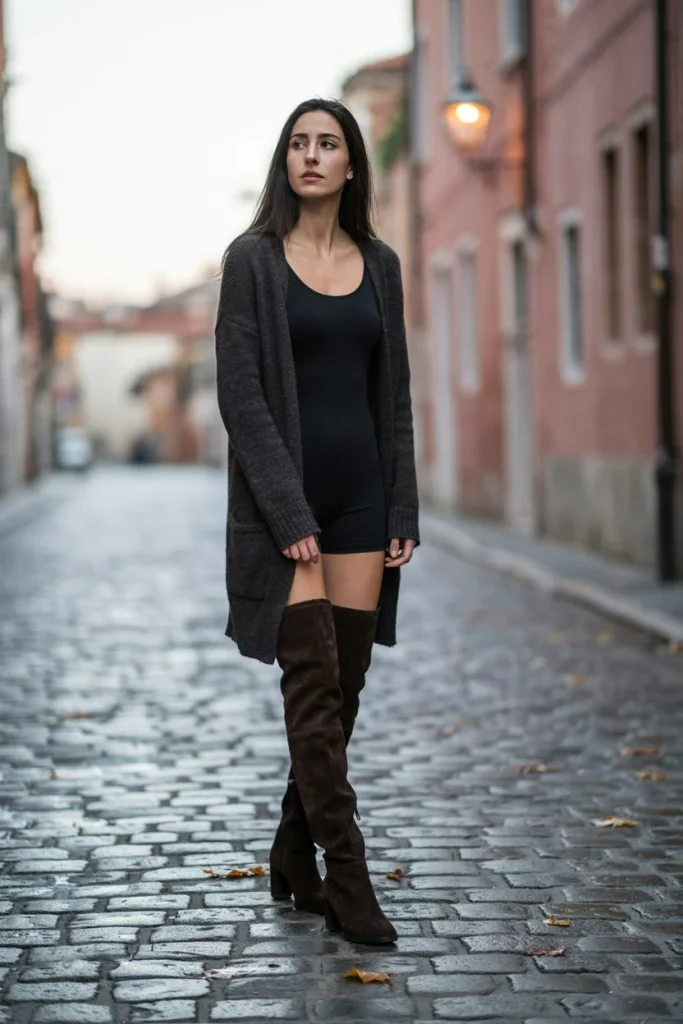Long Cardigan with Thigh-High Boots