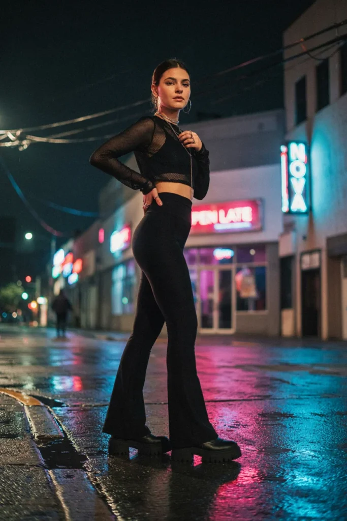 Mesh Layered Top with Flared Leggings