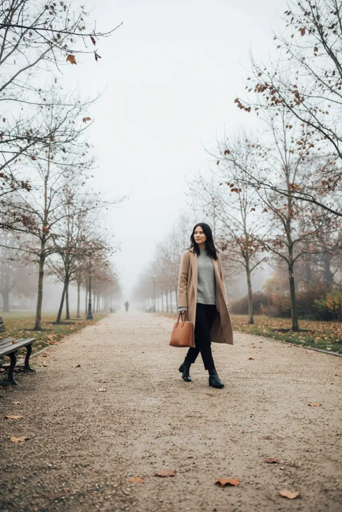 Neutral Tone Sweater with Wool Coat