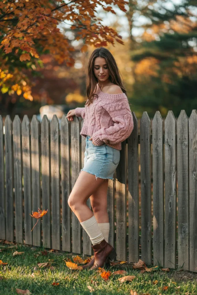 Off-Shoulder Sweater with Denim Skirt