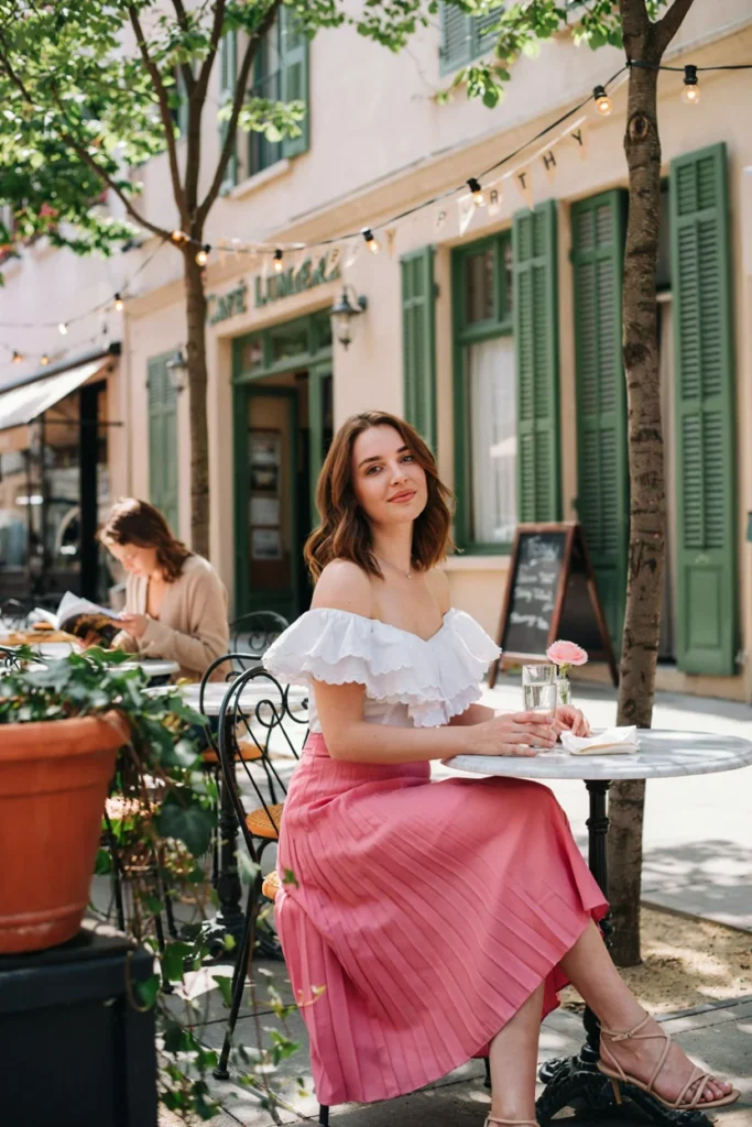 Off-Shoulder Top with Statement Skirt for Playful Elegance