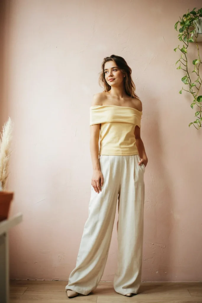 Off-Shoulder Top with Wide-Leg Pants