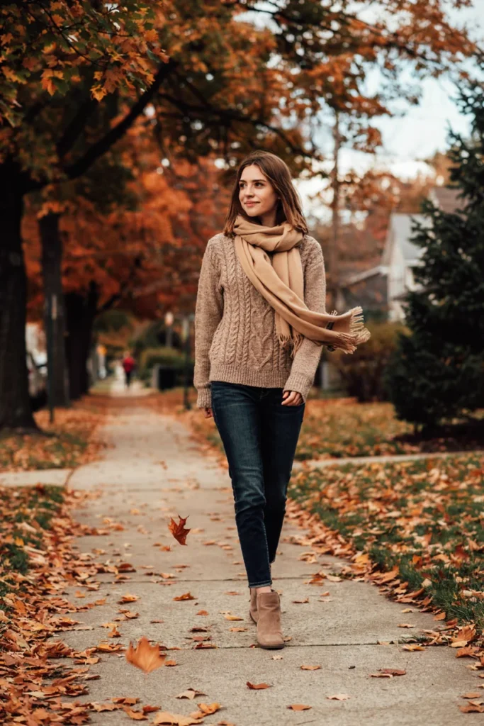 Cozy Fall Outfit Ideas Oversized Cable Knit Sweater with Skinny Jeans