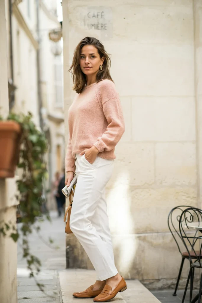  Pastel Knit Sweater with White Trousers