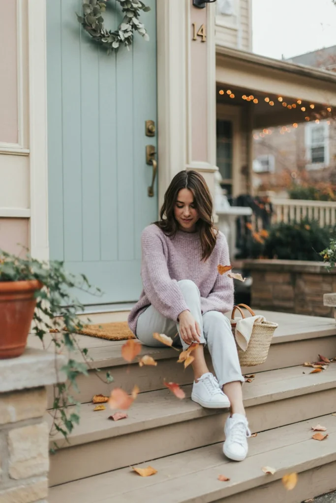 Pastel Sweater with White Sneakers