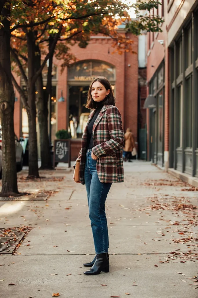 Plaid Blazer with Turtleneck and Jeans