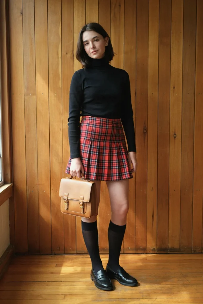  Plaid Skirt and Knee-High Socks