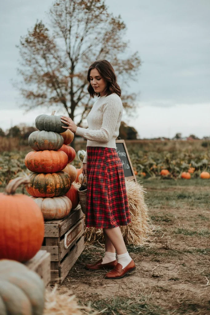 Plaid Skirt with Knit Sweater