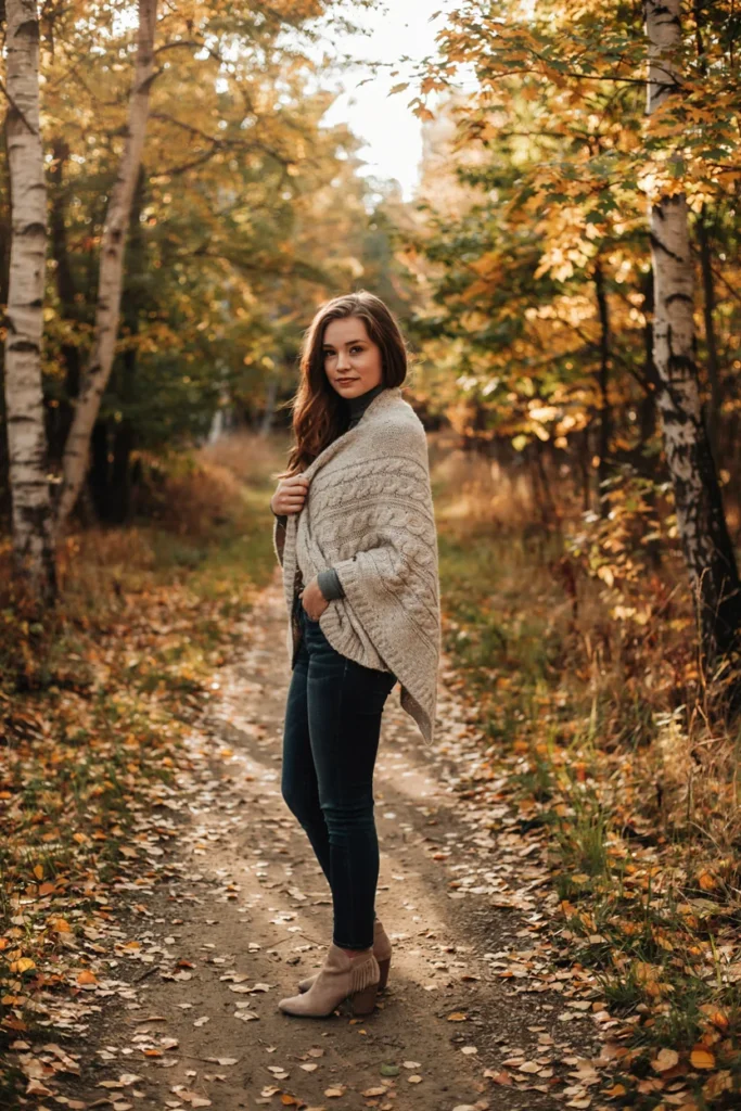 Poncho Over Turtleneck and Jeans