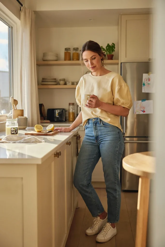  Puff-Sleeve Top and Straight Jeans for Trendy Everyday Style