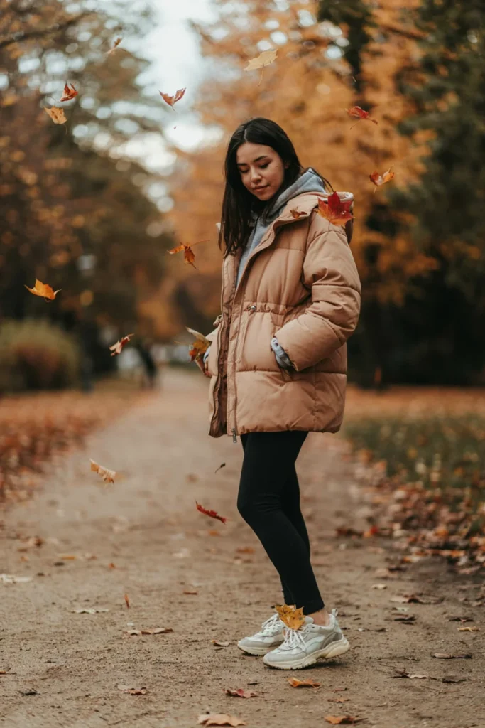 Puffer Coat Over Hoodie and Leggings