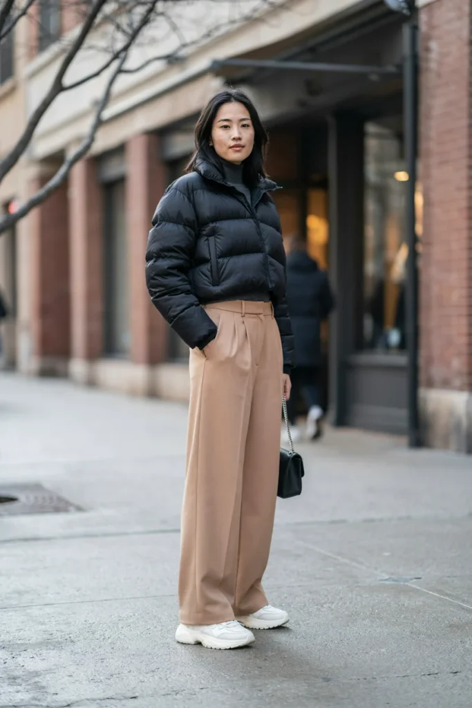 Cozy Winter Outfit Ideas Puffer Jacket with Wide-Leg Trousers