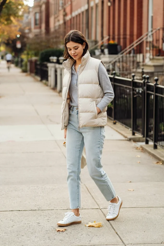 Puffer Vest Over Long Sleeve Henley