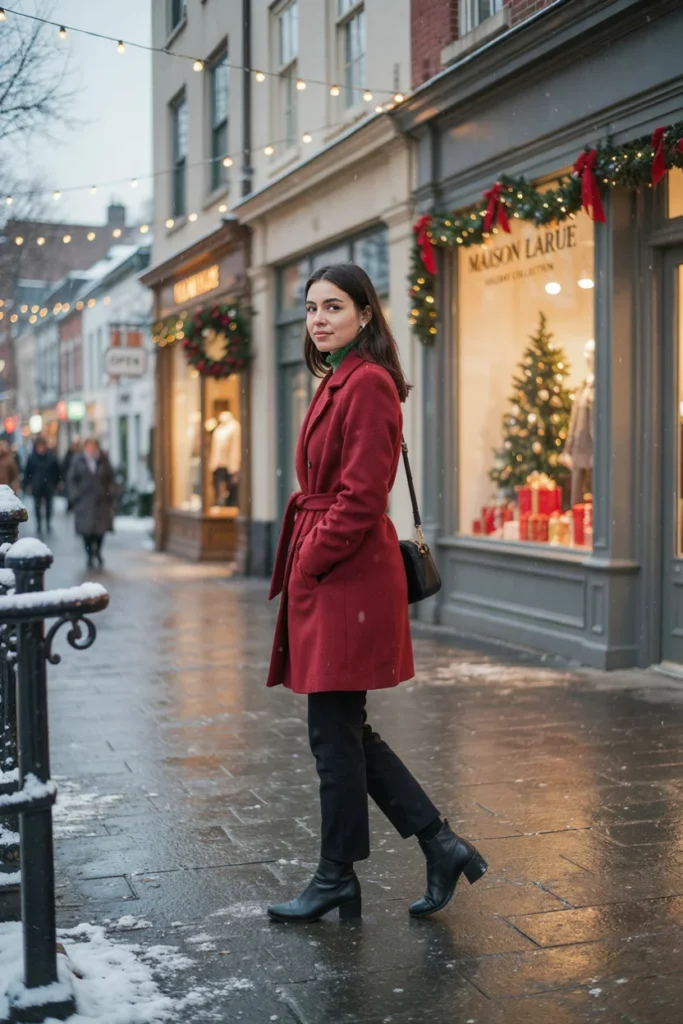 Red Coat with Green Sweater Underneath