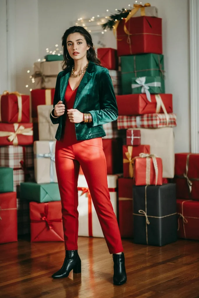 Red Jumpsuit with Green Jacket