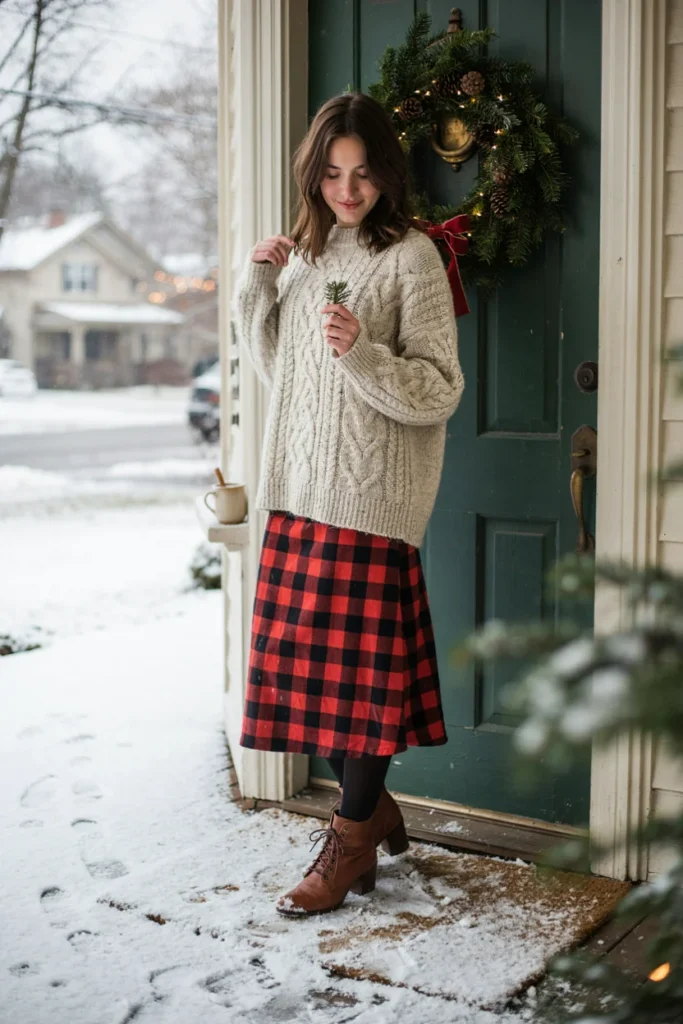  Red Plaid Skirt with White Sweater