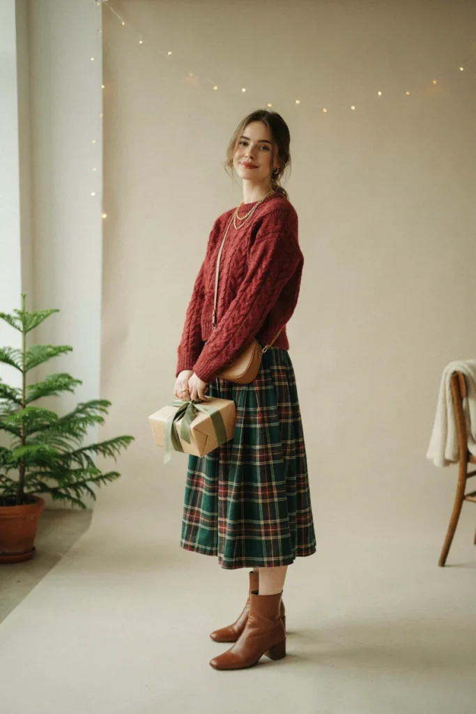 Red Sweater with Green Plaid Skirt
