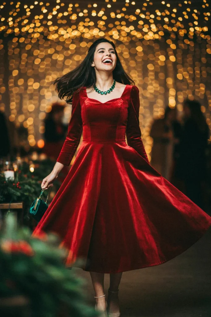 Red Velvet Dress with Green Accessories