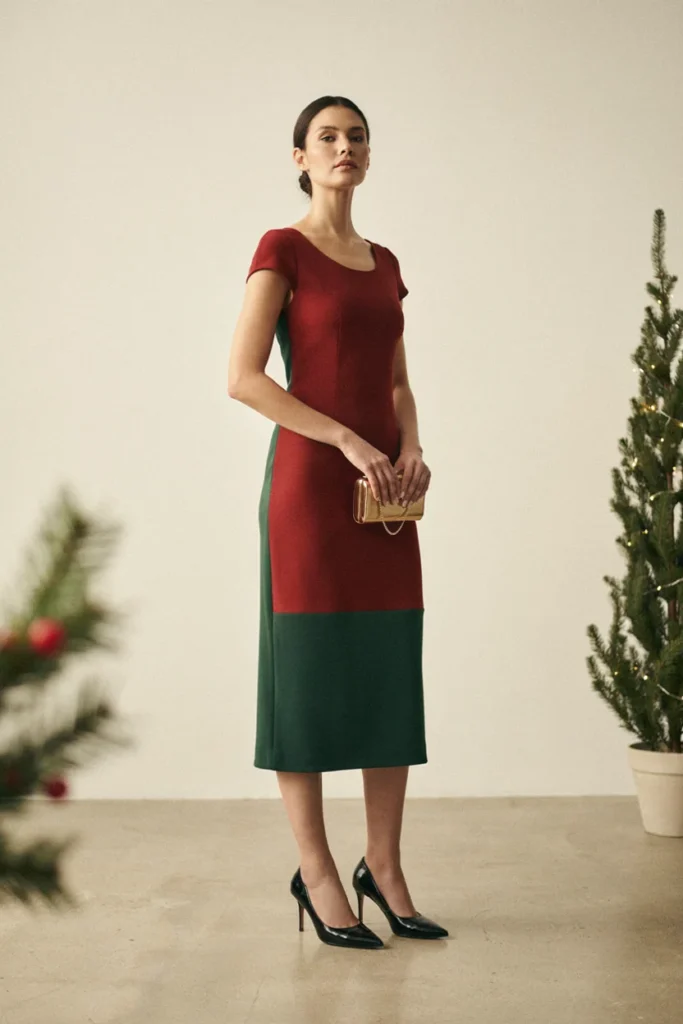 Red and Green Color Block Dress