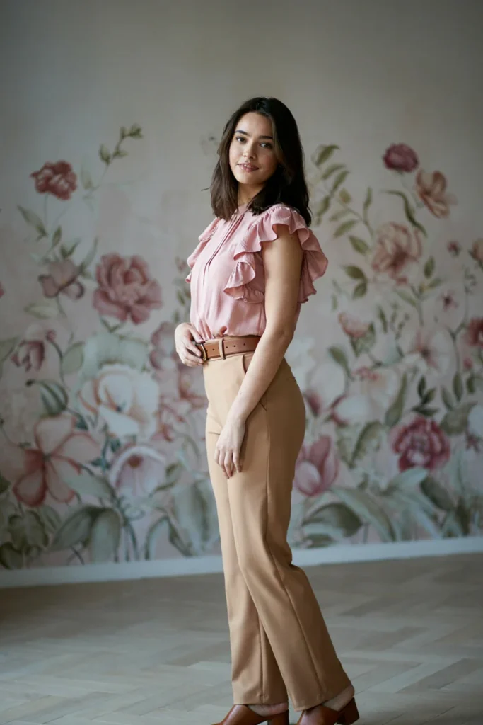  Ruffle-Sleeve Top with Wide Belt