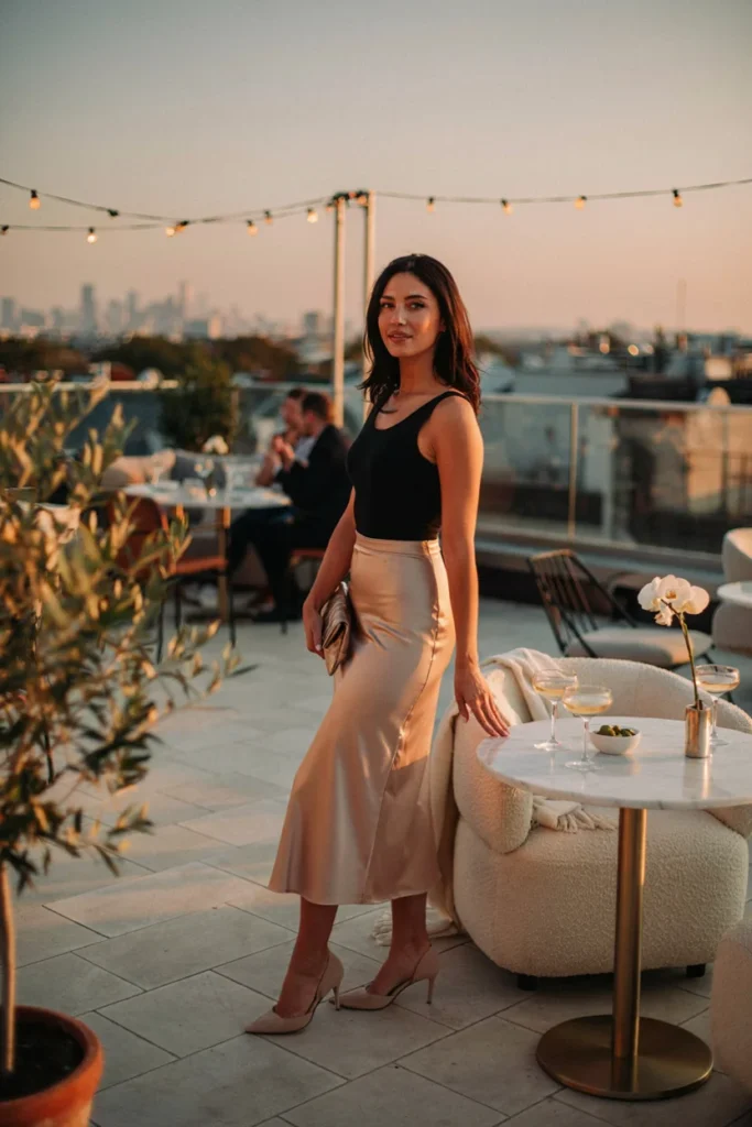 Satin Midi Skirt and Bodysuit for Sleek Evening Style