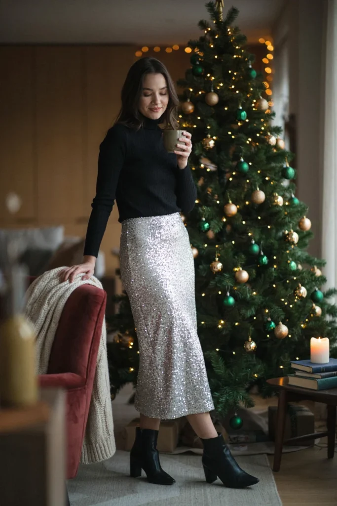 Sequin Skirt with Simple Sweater