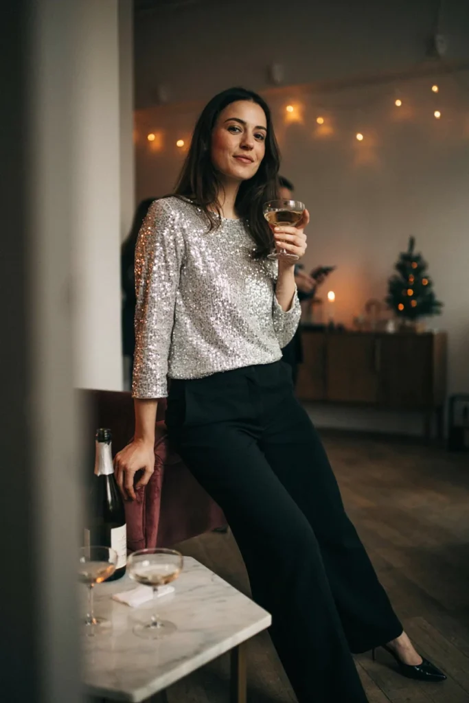 Sequin Top with Black Trousers
