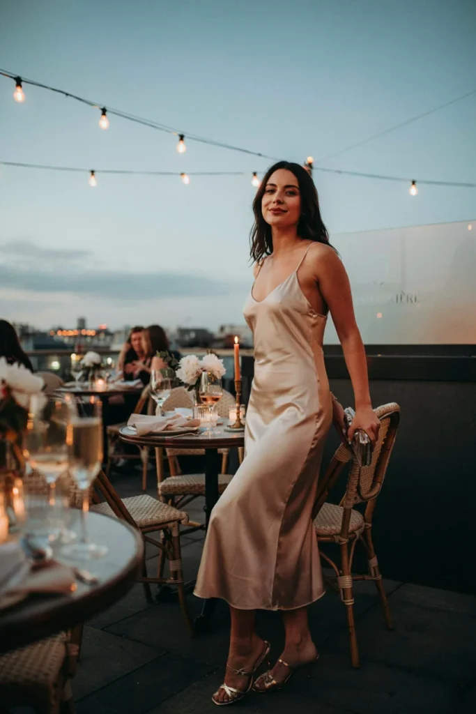 Spring Birthday Outfit Silk Slip Dress with Strappy Heels for Elegant Celebration