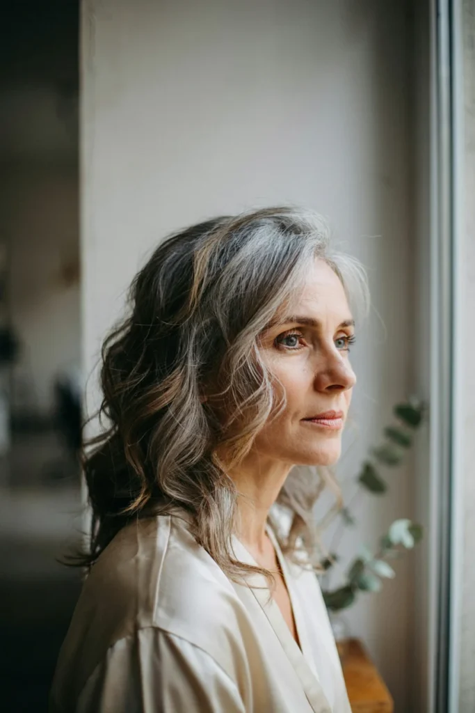 Soft Caramel Highlights on Gray Hair