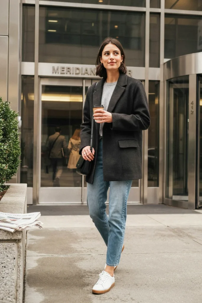 Straight Jeans with Sneakers and Blazer