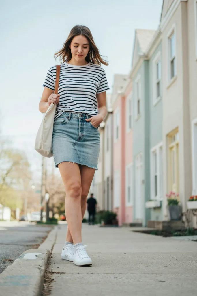 Striped Tee with Denim Skirt