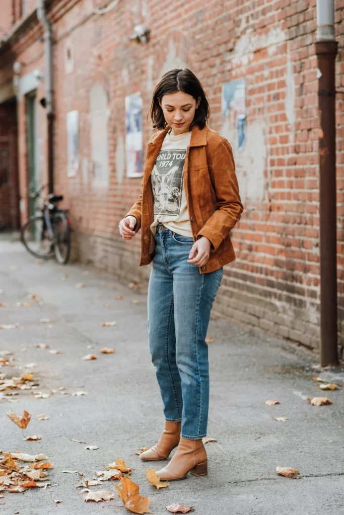 Suede Jacket Over Graphic Tee