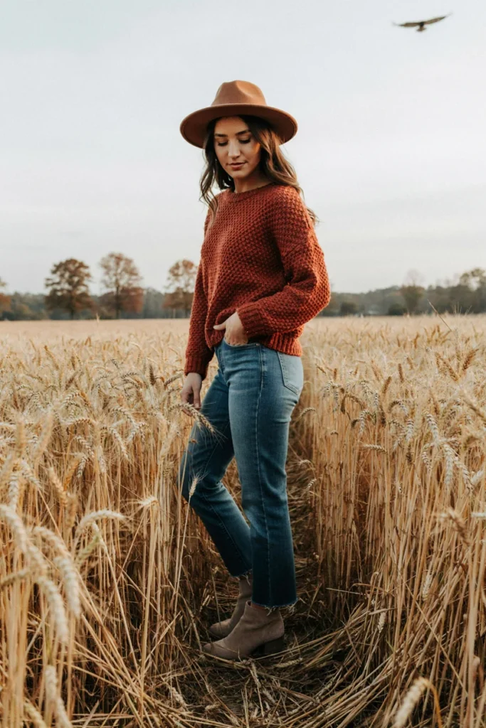Textured Sweater with Wide-Brim Hat