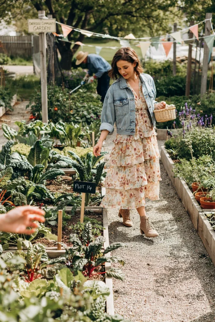  Tiered Midi Dress with Denim Jacket for Boho Spring Style