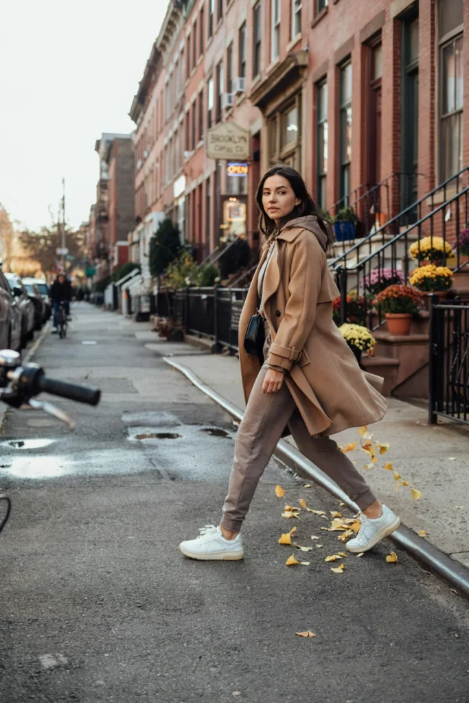  Trench Coat Over Athleisure for Transitional Weather Style