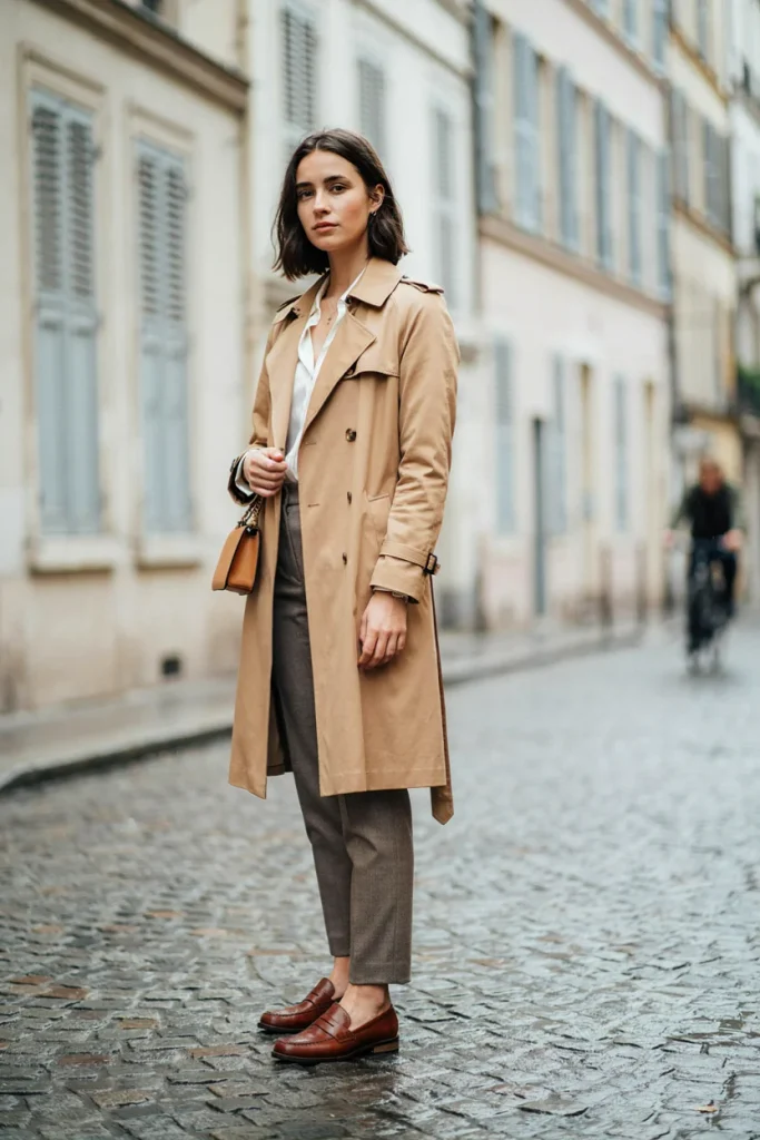 Trench Coat with Trousers and Loafers
