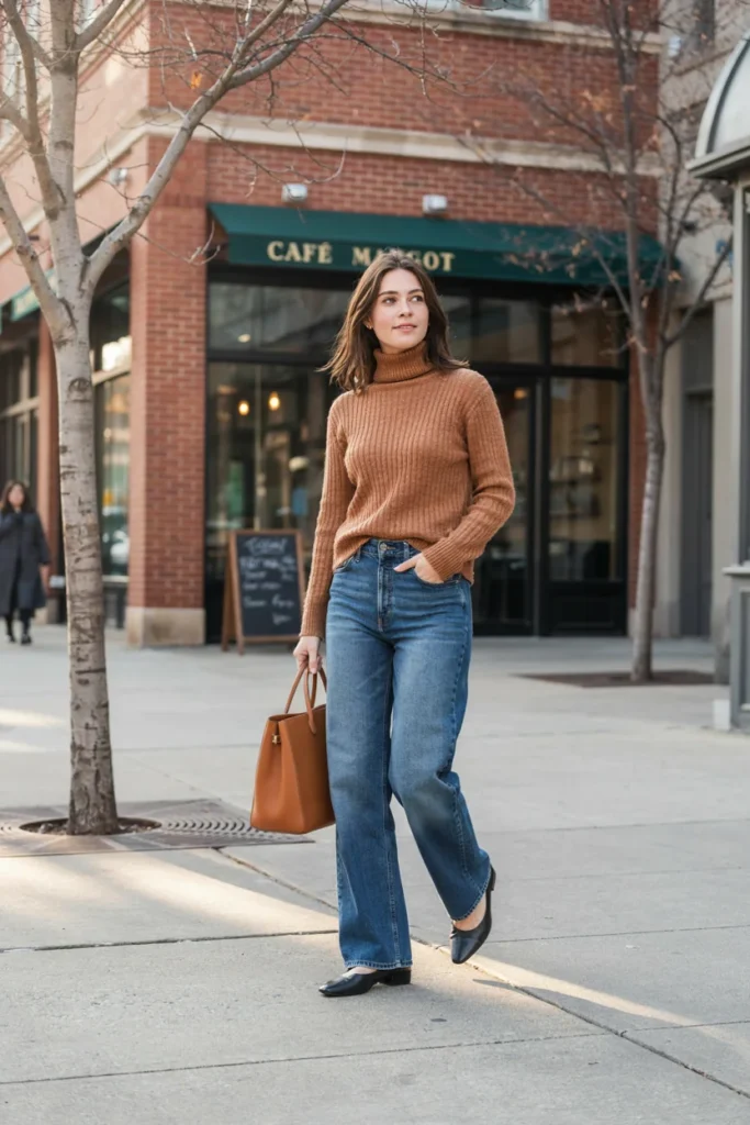 Cozy Sweater Outfit Ideas Turtleneck Sweater with Wide-Leg Jeans