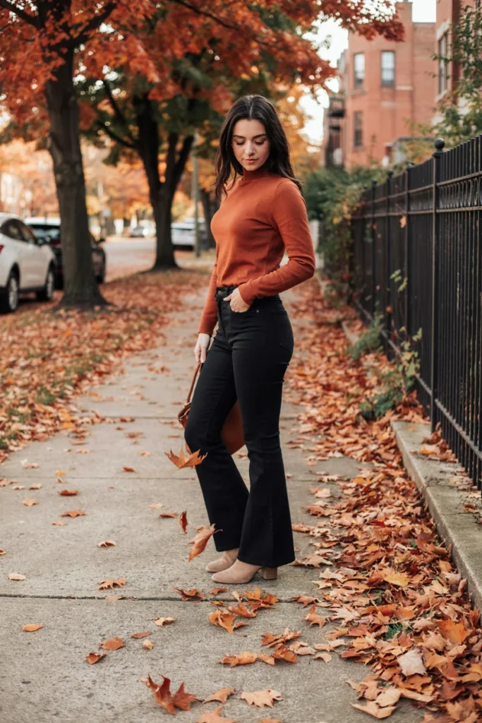 Turtleneck and Flared Leggings for Fall